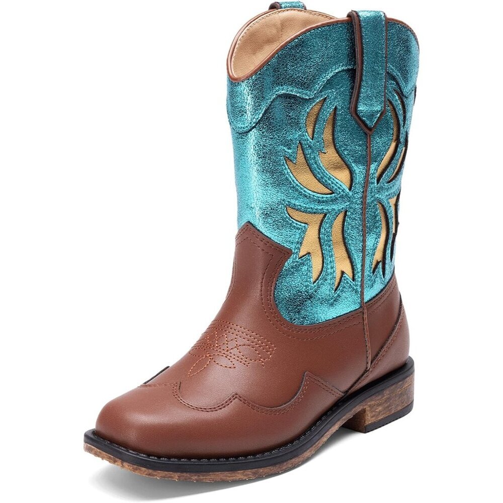 ⚡Girls Blue Square Toe Mid Calf Cowgirl Boots Western Fashion Riding Shoes